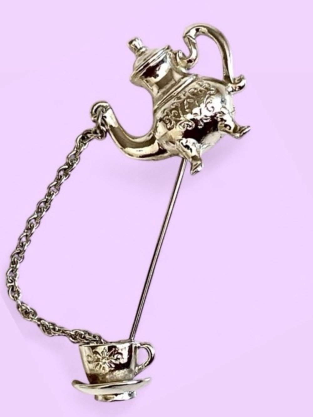 Avon Vintage Colonial Teapot Stick Pin Silver Tone Figural Brooch Floral Euc 70s 18$
